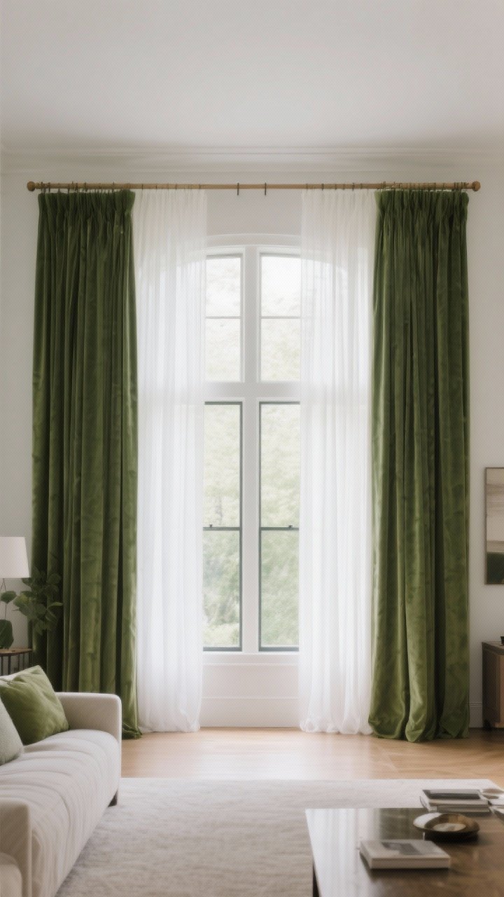 Wide shot: Great room with tall windows dressed on double rods—airy white sheers on the back rod and rich moss-green drapes on the front; a few inches of spacing between rods for easy movement; both layers hung high, with panels kissing the floor; balanced daylight and privacy control.