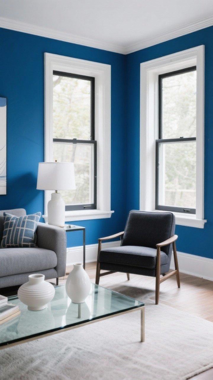 Wide shot: High-contrast blue-and-gray living room featuring crisp white trim, white lampshades, white ceramics on a glass coffee table, and a charcoal accent chair with charcoal window frames; mid-tone blues and grays dominate (about 60%), with 20% bright whites and 20% deep charcoal for sharp dimension; bright, clean daylight.