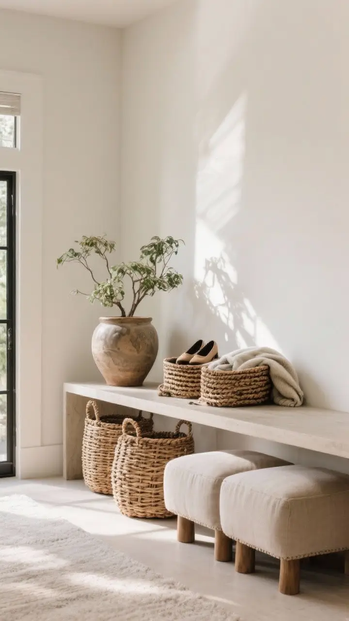 Wide shot highlighting the styled space below the console: two oversized woven baskets for shoes/throws on one side, and a large ceramic planter grounding the other; option of a pair of upholstered ottomans tucked neatly beneath; top kept simple to balance; natural daylight, uncluttered, big-scale elements with tactile basket weave and ceramic texture.