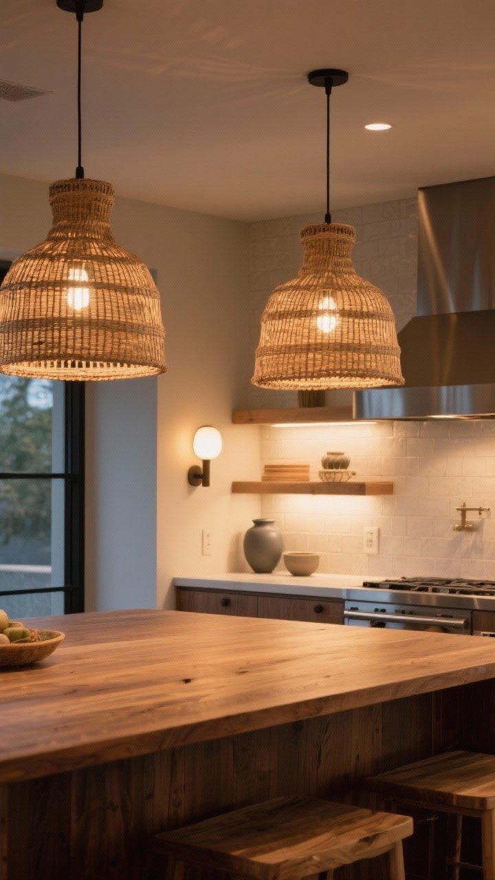 Wide shot: Island-centered scene with textural lighting—two large woven rattan pendants over a warm wood island, matte ceramic sconce near the backsplash, under-cabinet lighting casting a soft evening glow, warm bulbs at 2700–3000K, brushed metal accents, layered ambient-task-accent lighting, organic modern finishes, photorealistic, no people.