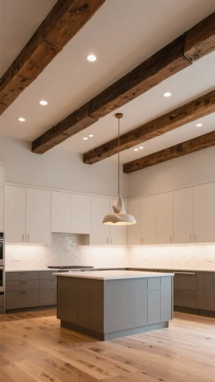 Wide shot: Kitchen ceiling with exposed beams stained one shade deeper than medium oak floors; beams run perpendicular to the longest wall to visually widen the room. Simple, clean cabinetry below, layered lighting with recessed cans and a single sculptural pendant to prevent a cave-like feel. Straight-on angle capturing ceiling drama and understated cabinets.