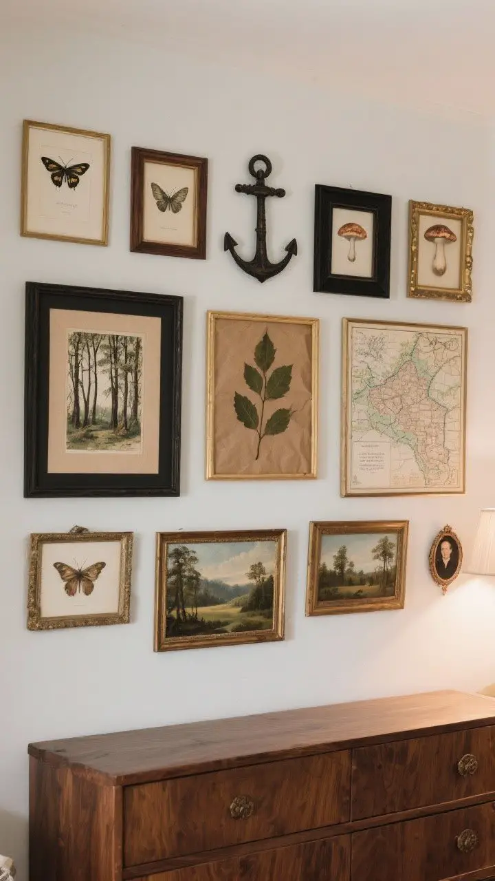 Wide shot: Layered folklore art wall—gallery mix of moth and fungi prints, forest map, thrifted oil landscapes, and tiny portraits, with variegated frames in dark wood, antique gold, and black; one large anchor piece off-center, pressed leaves framed with kraft paper backings, staggered heights creating a collected-over-time look above a dresser, soft ambient lighting, photorealistic.