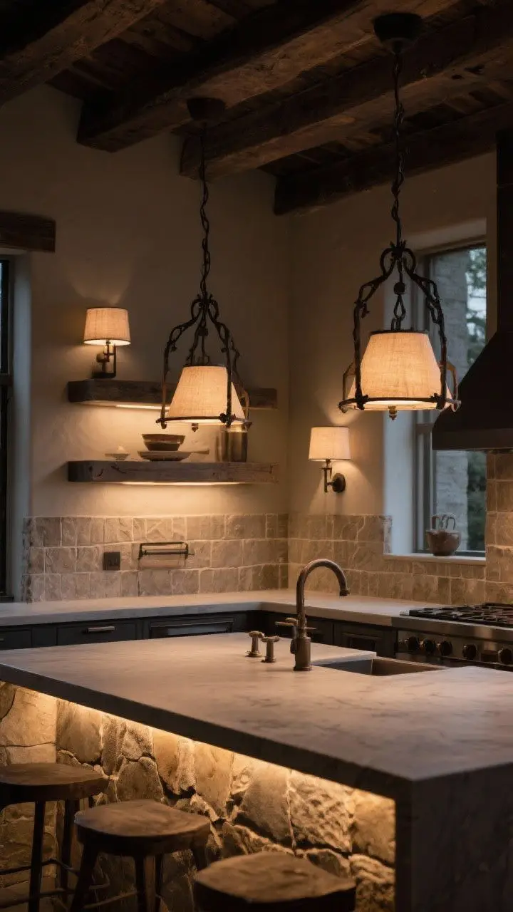 Wide shot: Layered lighting plan in a rustic modern kitchen—pair of forged iron pendants over the island, warm 3000–3500K under-cabinet lighting washing honed stone and textured tile, and linen drum-shaded sconces over open shelves. Dim, moody ambiance suitable for evening, with dimmer-controlled glow and sculptural fixtures.