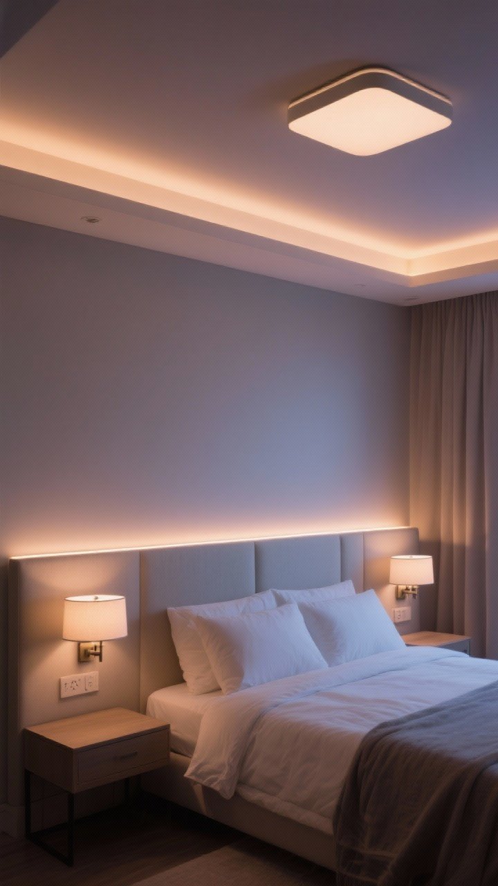 Wide shot: Layered lighting scene in a bedroom at dusk—ambient flush-mount ceiling light, two bedside sconces for task lighting, and a soft LED strip hidden behind the headboard casting a halo; all lights on dimmers set to 2700–3000K warm glow; balanced, romantic mood; clean, uncluttered surfaces.