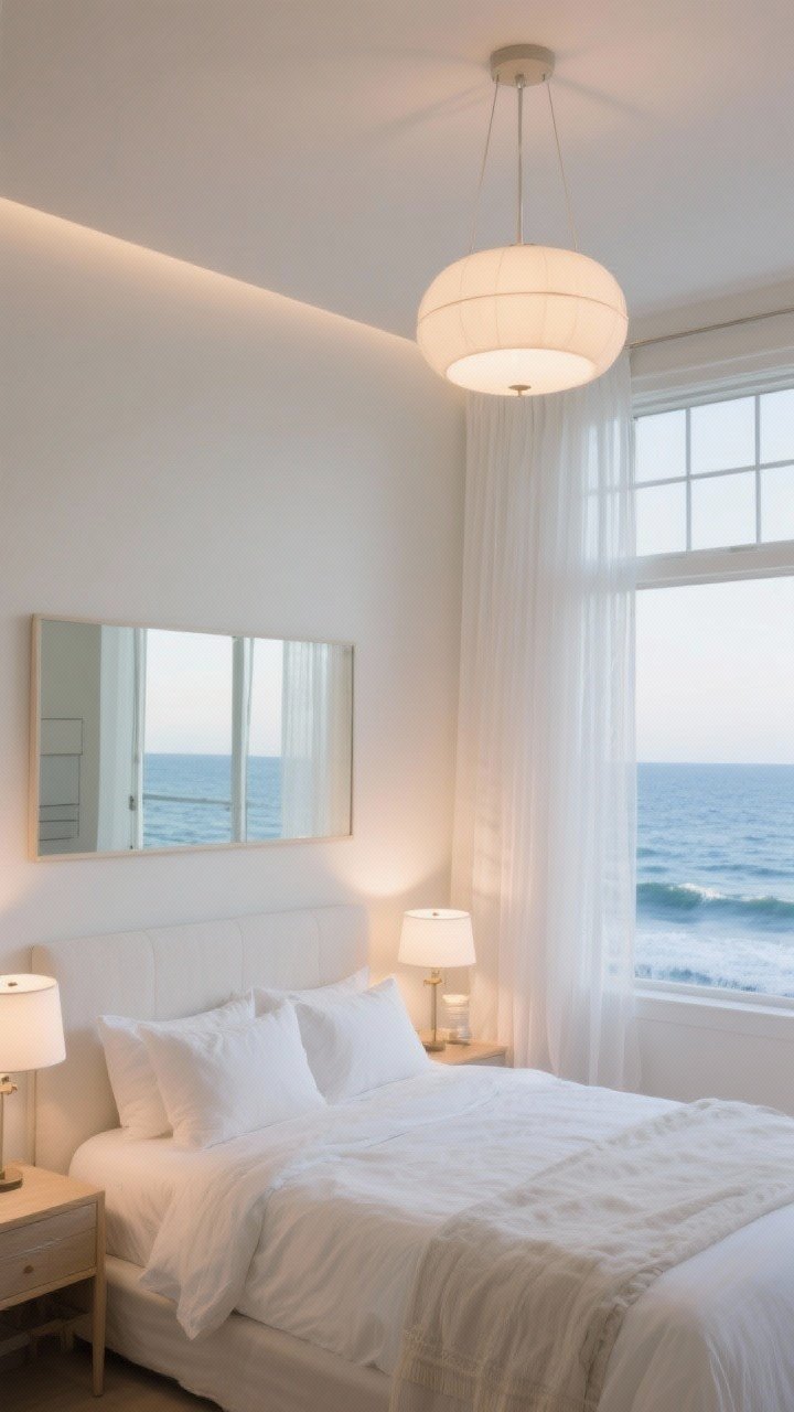 Wide shot: Light-maximized coastal bedroom with sheer white curtains on tall windows, a large mirror placed opposite to bounce light, layered lighting (soft-glow overhead pendant, matching bedside lamps, and a small accent light). Warm white bulbs (2700–3000K) create cozy ambience. Include an oversized ocean photograph to simulate openness if the window view is minimal. Airy, uncluttered styling.