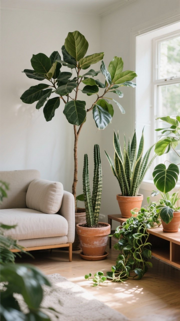 Wide shot “micro jungle” behind a sofa: tall fiddle leaf fig or olive tree at sofa arm, mid-height snake plant and ZZ plant on the floor, trailing pothos and philodendron on a console. Choose fewer but larger, healthy plants in ceramic and terracotta pots. Natural light streaming in, creating depth and texture; straight-on view.