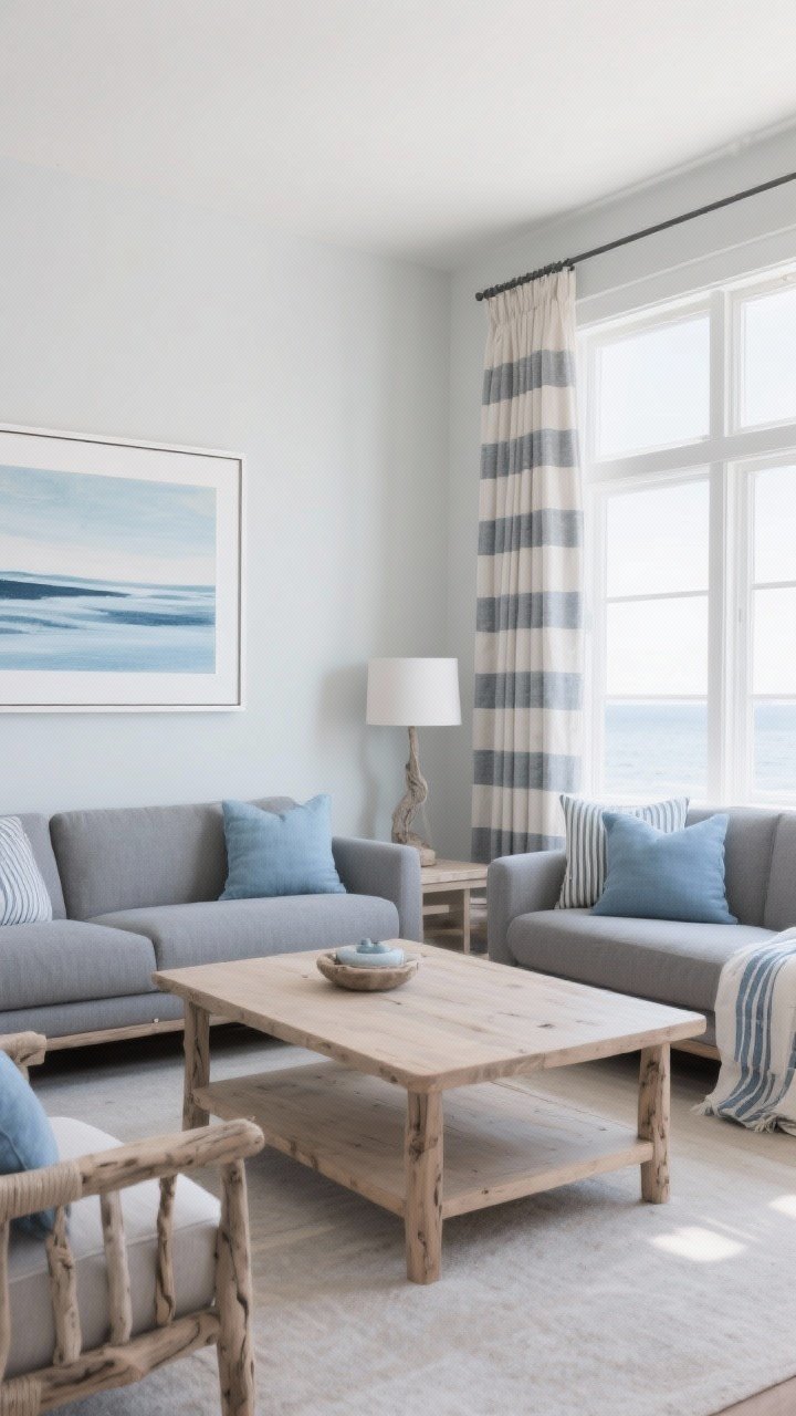 Wide shot: Modern coastal-inspired living room with clean-lined furniture, driftwood-gray tones, pale oak coffee table and frames, linen curtains that gently puddle, striped textiles in slate and sky blue on a gray sofa, airy misty blue accents, and a pop of white trim; abstract horizon artwork on the wall; bright, breezy daylight.
