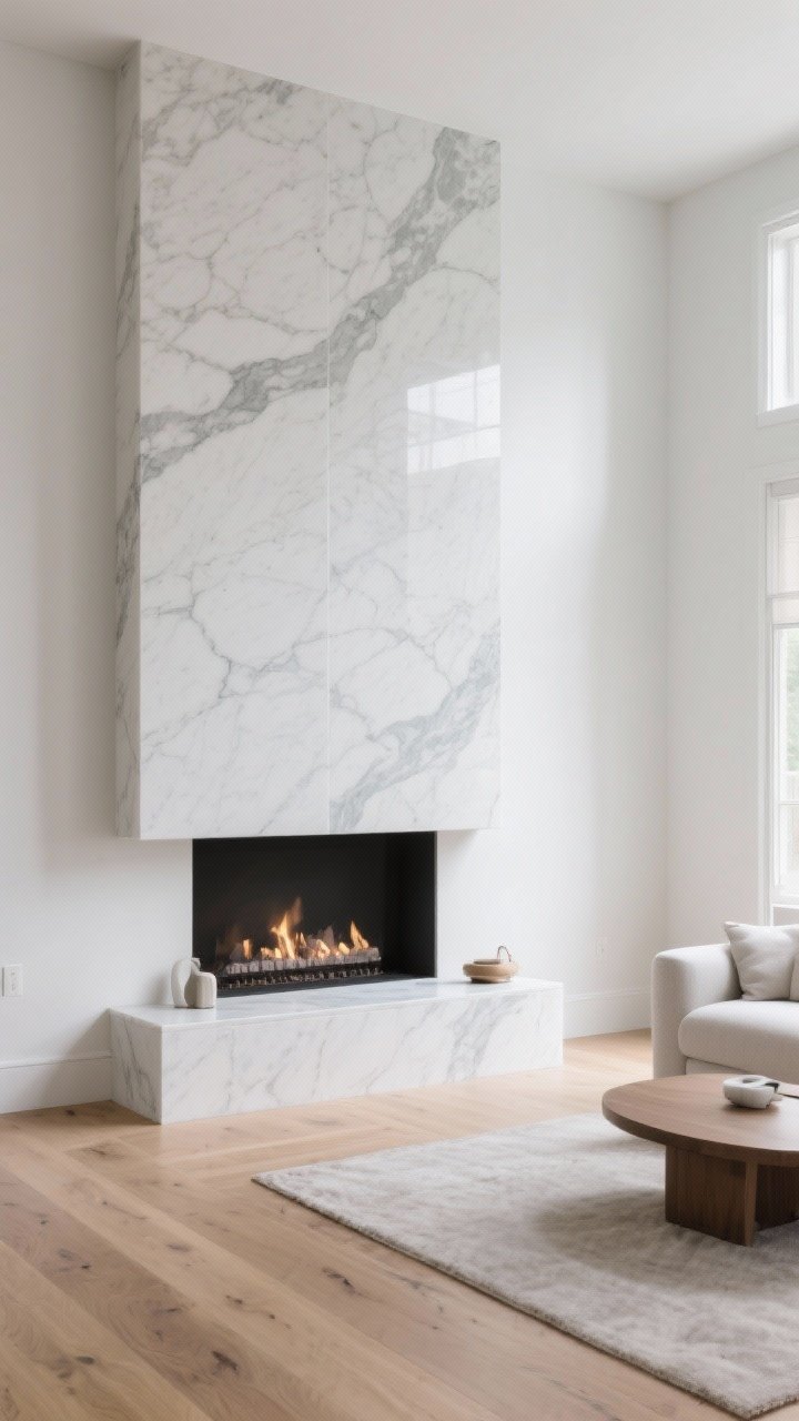 Wide shot, modern living room with a floor-to-ceiling oversized porcelain slab fireplace surround in a matte marble-look finish, minimal seams and tight grout lines, simple floating mantel kept understated, white walls, light oak floors, soft natural daylight, clean transitional styling with a low-profile hearth and minimal accessories to let the slab be the star.