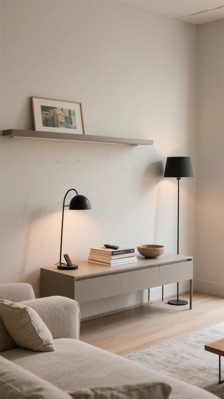 Wide shot, modern living room with a slim console table (under 12 inches deep) tucked behind a neutral linen sofa; styled with a petite matte black table lamp, stacked art books, and a small ceramic bowl for remotes. Include a wall-mounted alternative: a long floating shelf as a space-saving console. Soft warm ambient lighting; balance the sofa’s visual weight with the console’s linear profile; straight-on view showing height created by the lamp.