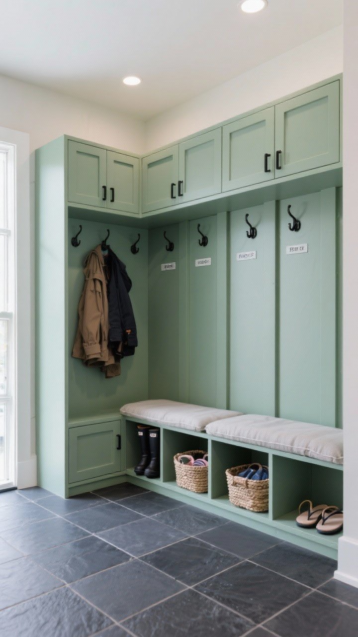 Wide shot, modern mudroom: full wall of floor-to-ceiling cubbies in satin sage green with labeled sections, deeper cubbies for boots and baskets hiding flip-flops; built-in bench with washable cushions; charcoal slate tile floor; matte black hardware on cabinetry; hooks above the bench keeping coats off shoes; bright, even ambient light; crisp, functional yet chic, corner angle to capture the entire system.
