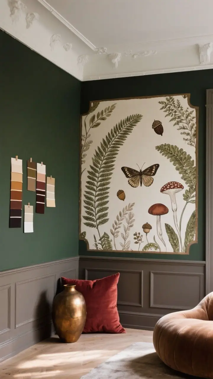 Wide shot: Moody walls with earthy paint and wallpaper—accent wall in deep forest green paired with warm taupe and mushroom gray trims, peel-and-stick wallpaper panel featuring hand-drawn ferns, fungi, moths, and acorns on one section, creamy white ceiling for contrast, hints of bronze and oxblood accents in a throw pillow and vase, swatches taped to the wall catching different times of day light, cocoon-like atmosphere, photorealistic.
