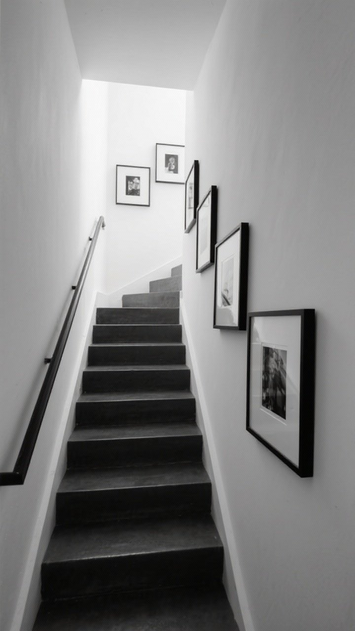 Wide shot: Narrow staircase styled in minimalist monochrome—black frames, white mats, and black-and-white photography aligned with the stair angle; thick mats elevate small prints; repeated thin black metal frame profile; generous negative space between pieces; cool, even lighting for an editorial feel.
