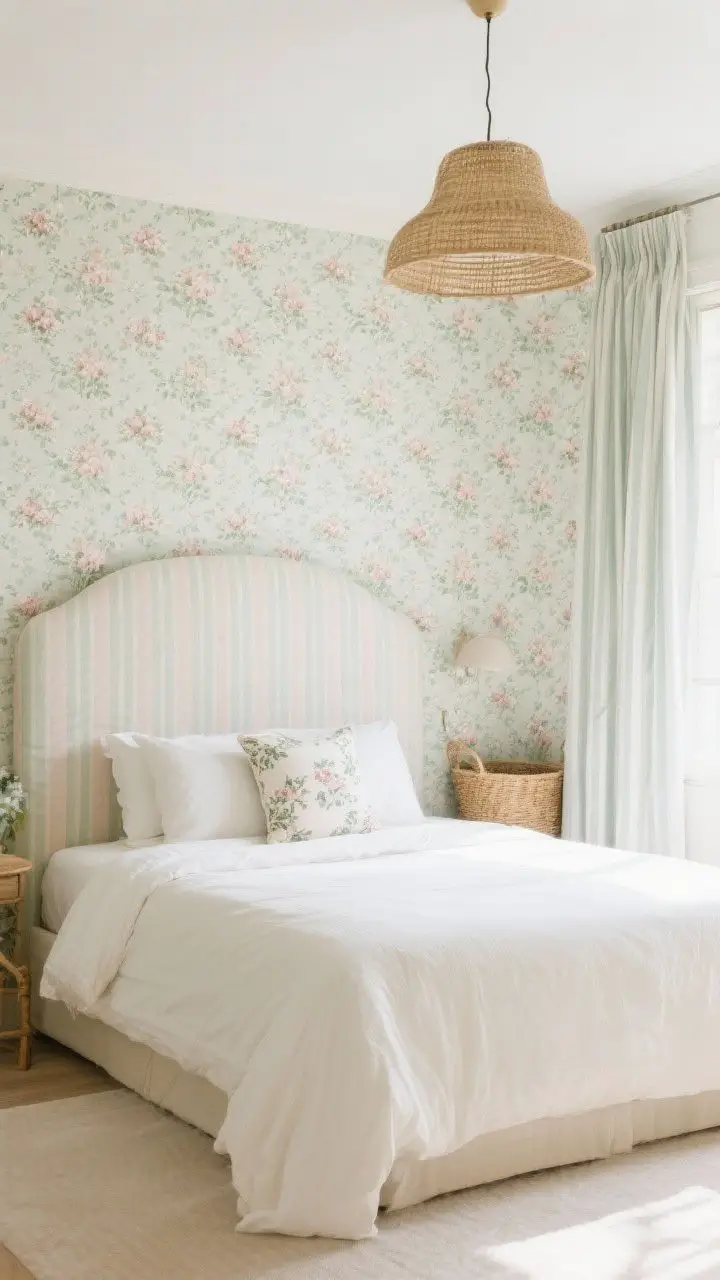Wide shot of a bedroom enveloped in pattern: small-scale floral wallpaper in soft sage and blush, paired with thin ticking stripe curtains. The bed is grounded by solid bedding in cream to balance the toile accent pillow. Add a fabric headboard that coordinates with the stripes. Natural textures like a woven shade on a pendant and a jute basket keep things calm. Bright daytime light; no people.