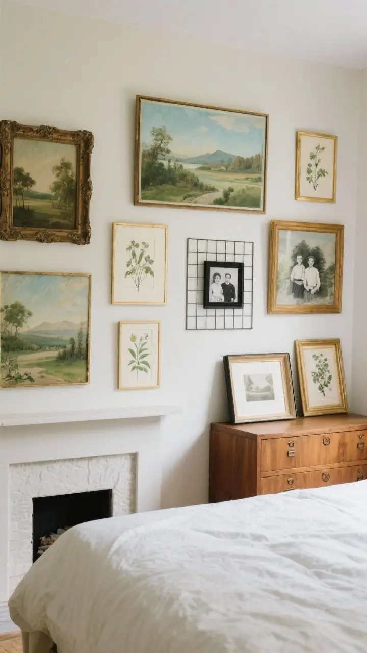 Wide shot of a bedroom wall styled with vintage art: a gallery mix of soft landscape paintings, botanical prints, and one black-and-white family photo. Frames vary—aged gold, warm wood, and matte black—while the art palette remains cohesive in muted greens, sepia, and soft blues. Include one hero piece above the bed and a small grid over the dresser; a couple of pieces leaning on a mantel-shelf for casual charm. Natural indirect light; no people.