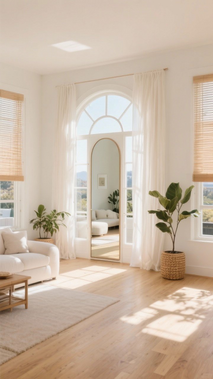 Wide shot of a bright living room drenched in natural sunlight, with sheer gauzy linen curtains in warm white framing wide-open windows; arched oversized mirror placed directly across from the window reflects light across warm white walls and pale oak floors; minimal furnishings to emphasize brightness; include a couple of leafy plants and woven shades filtering a not-so-scenic view; overall airy, sun-kissed, SoCal-chic vibe, photorealistic, no people.