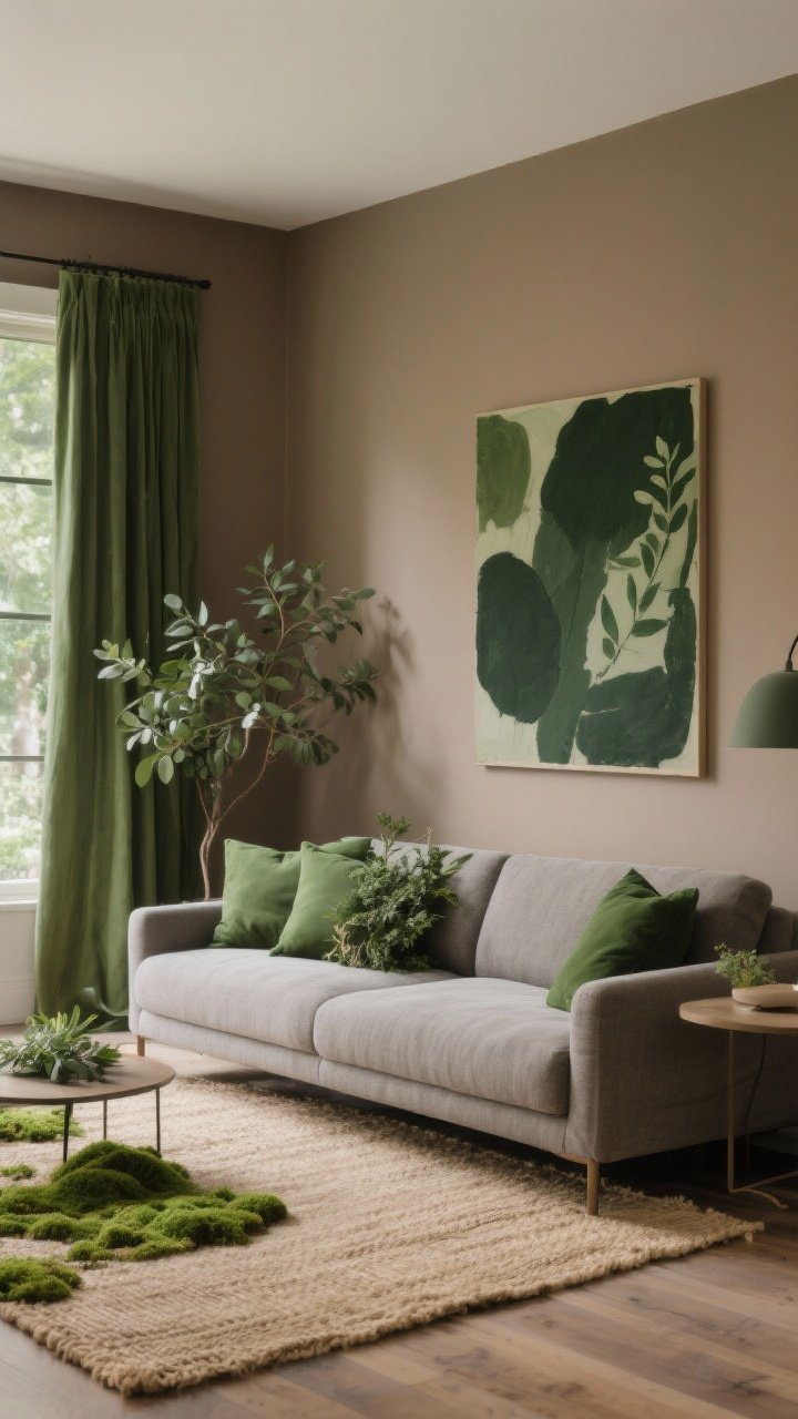Wide shot of a calm living room showcasing a nature-inspired color palette: warm taupe walls (60%), a mushroom-gray linen sofa, olive green curtains and a sandy beige jute rug (30%), with deeper contrast accents (10%) like moss and eucalyptus green pillows and a dark olive abstract art piece; warm undertone paint, layered greens in sage, eucalyptus, and moss tones, soft afternoon daylight, no people, photorealistic.
