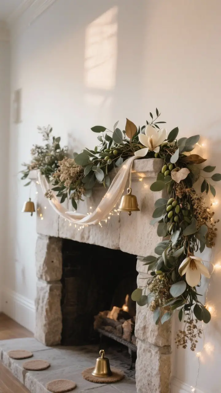 Wide shot of a chic year-round garland draped asymmetrically across the mantel: eucalyptus and olive mix with magnolia leaves or dried florals for movement and softness over a rigid stone surround. Layer subtle extras: a slim ribbon, delicate fairy lights, and a couple of simple brass bells tucked in. Use removable hooks and felt pads hinted at by inconspicuous placements. Evening light with warm micro-light twinkle and gentle shadows, straight-on to showcase the drape.