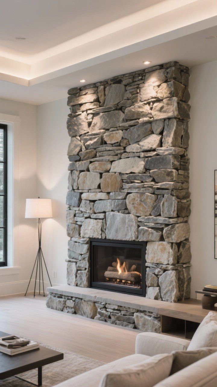 Wide shot of a contemporary living room fireplace clad in dry stack ledgestone with no visible mortar lines; narrow, crisp stone pieces for a refined texture; layered lighting: recessed spotlights above the fireplace and a nearby floor lamp to create depth and shadow; decor kept minimal so the texture is the focal point; clean corners and tight seams at edges; photorealistic, straight-on view.