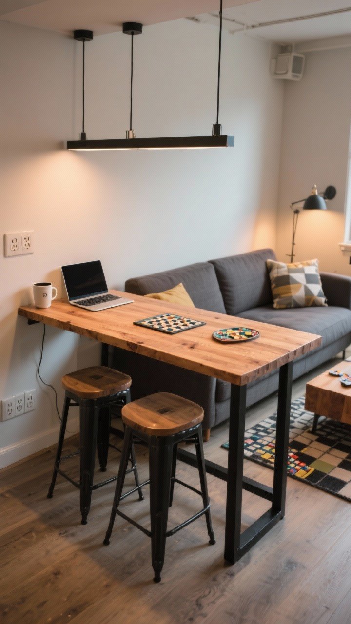 Wide shot of a counter-height “sofa bar” behind a couch: butcher block countertop slab on simple black metal legs with two counter stools tucked in. Include nearby outlets on the wall and a laptop, coffee mug, and board game spread to suggest multi-use. Compact apartment layout with warm task lighting; straight-on perspective emphasizing functionality.