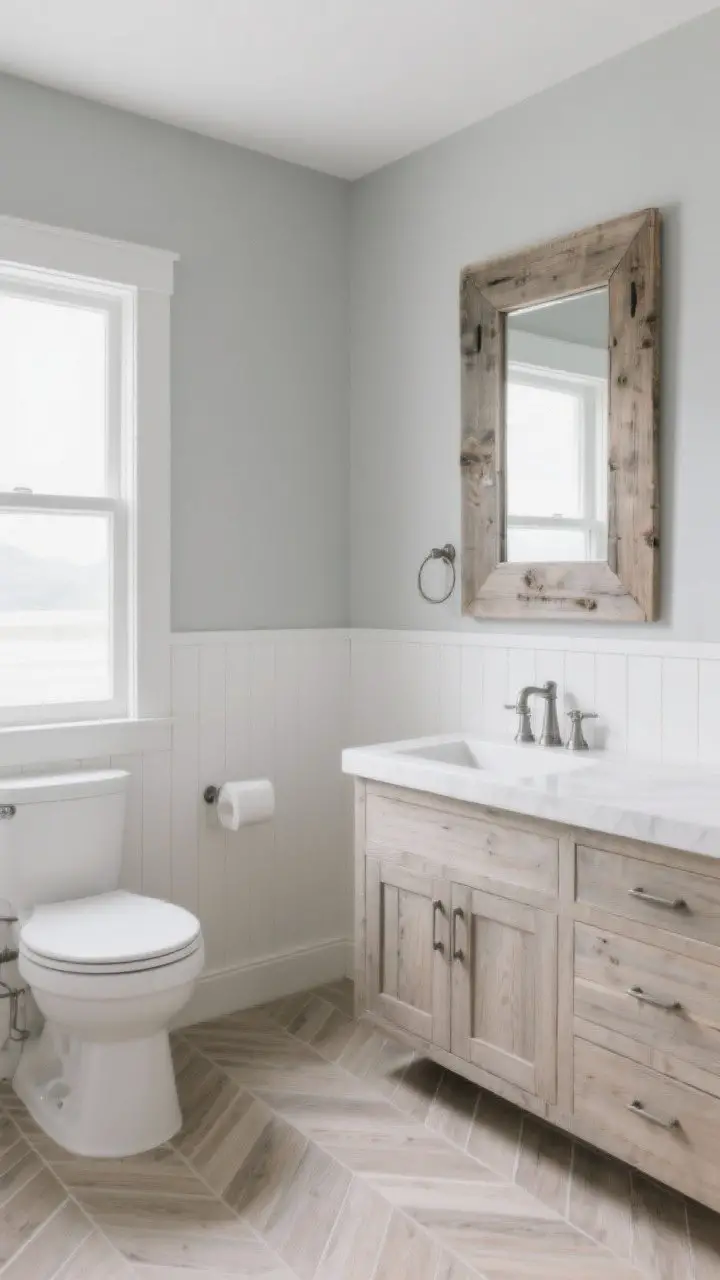 Wide shot of a cozy coastal bathroom with light fog-gray walls, shiplap half-walls, a reclaimed wood mirror, pewter hardware, and pale oak-look tile laid in a herringbone pattern; serene, overcast daylight for a driftwood-gray calm.