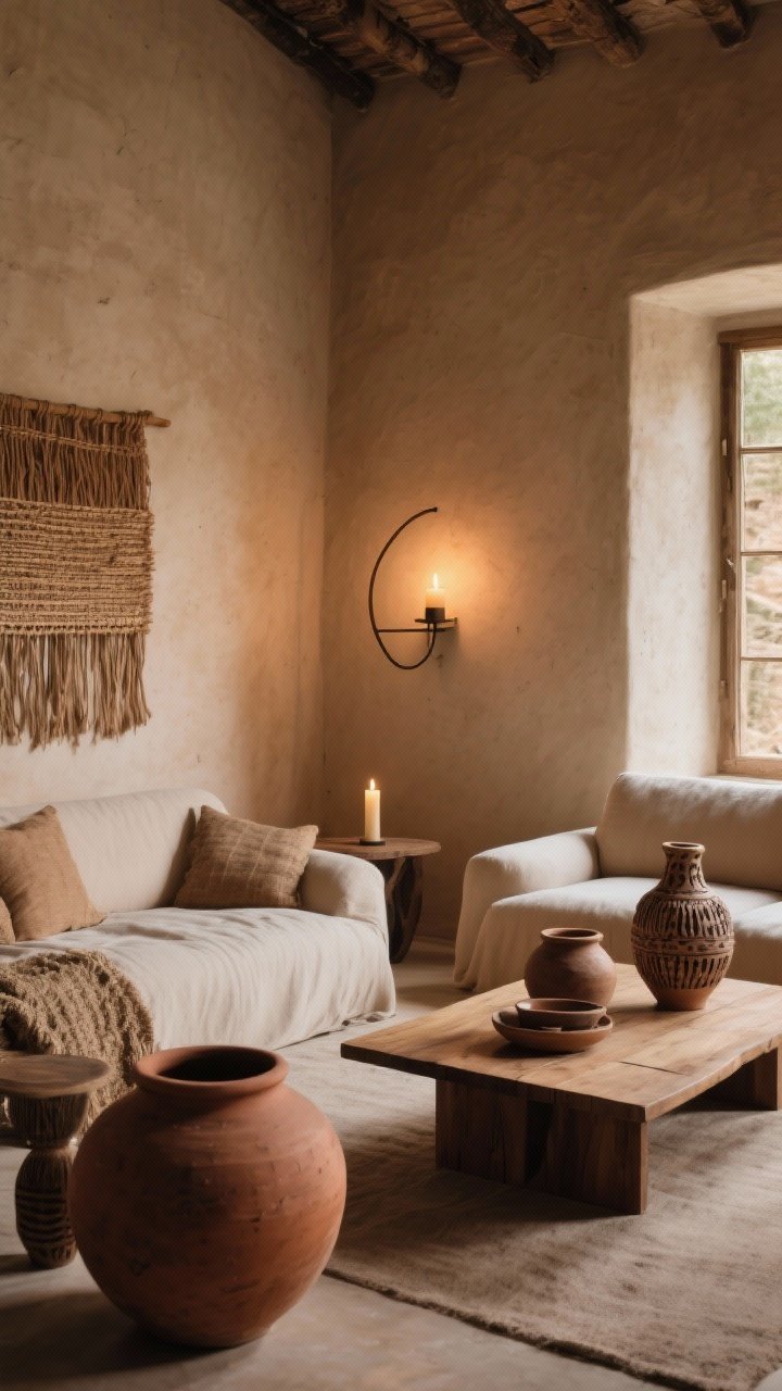 Wide shot of a edited minimalist-meets-heritage living room: warm earthy palette with one bold accent, layered textures (plaster walls, woven fibers, clay vases, wood coffee table), a few artisan-made pieces displayed with intention, curved-form sconce providing dim evening glow, a single candle lit; surfaces clear, every object purposeful, serene mood.