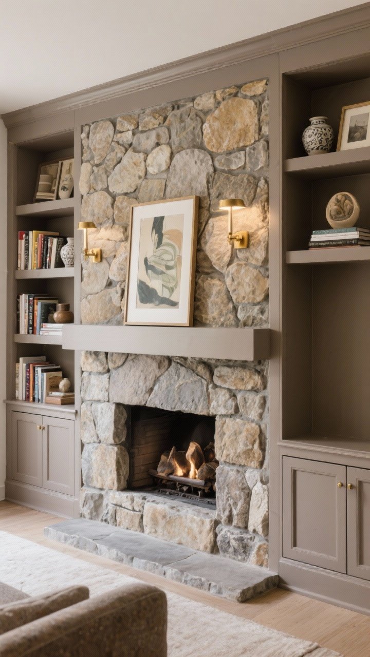 Wide shot of a fireplace wall framed by custom built-ins on both sides; stone surround centered, with built-ins painted in mushroom taupe to complement the stone; styling follows rule of thirds: one shelf stacked with books, another with art/objects, and a third left as negative space; picture lights or small brass sconces above shelves to wash light over the stone’s texture; ceramics and picture frames echo stone colors; photorealistic, slight overhead-corner perspective to showcase symmetry and storage.