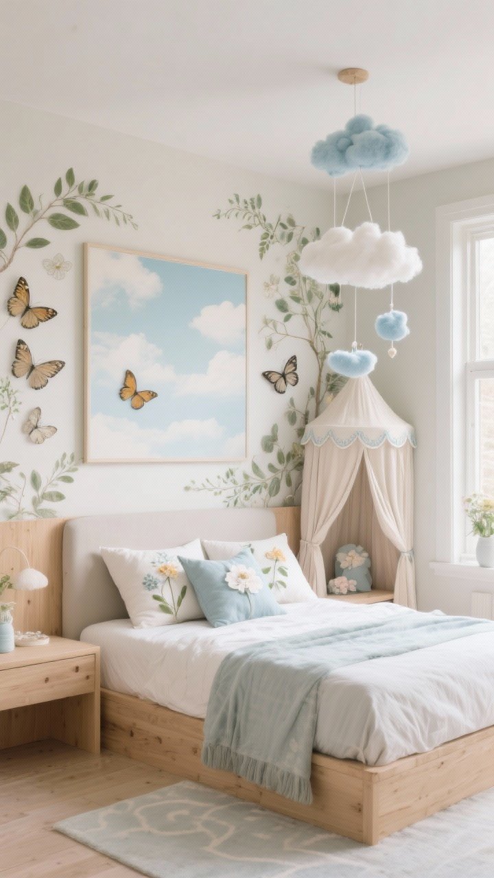 Wide shot of a flexible theme bedroom: nature-core elements with subtle butterflies and leaves in wall art, a few flower motifs on pillows, sky-vibe touches via a cloud mobile and soft blue accents, and one storybook-subtle piece like a canopy trim; neutral foundation with natural wood, themed decor kept light and easily swappable; soft daylight