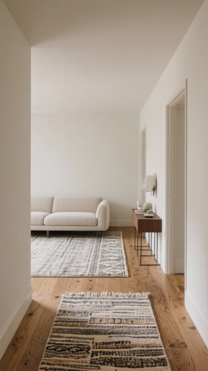 Wide shot of a floating sofa with a defined rug zone behind it: a runner rug paired with a console for a hallway effect, layered patterned rug over a neutral base. Maintain at least 24 inches of walk space. Neutral walls, warm wood floor, intentional zoning; overhead or high corner angle to show layout clearly.