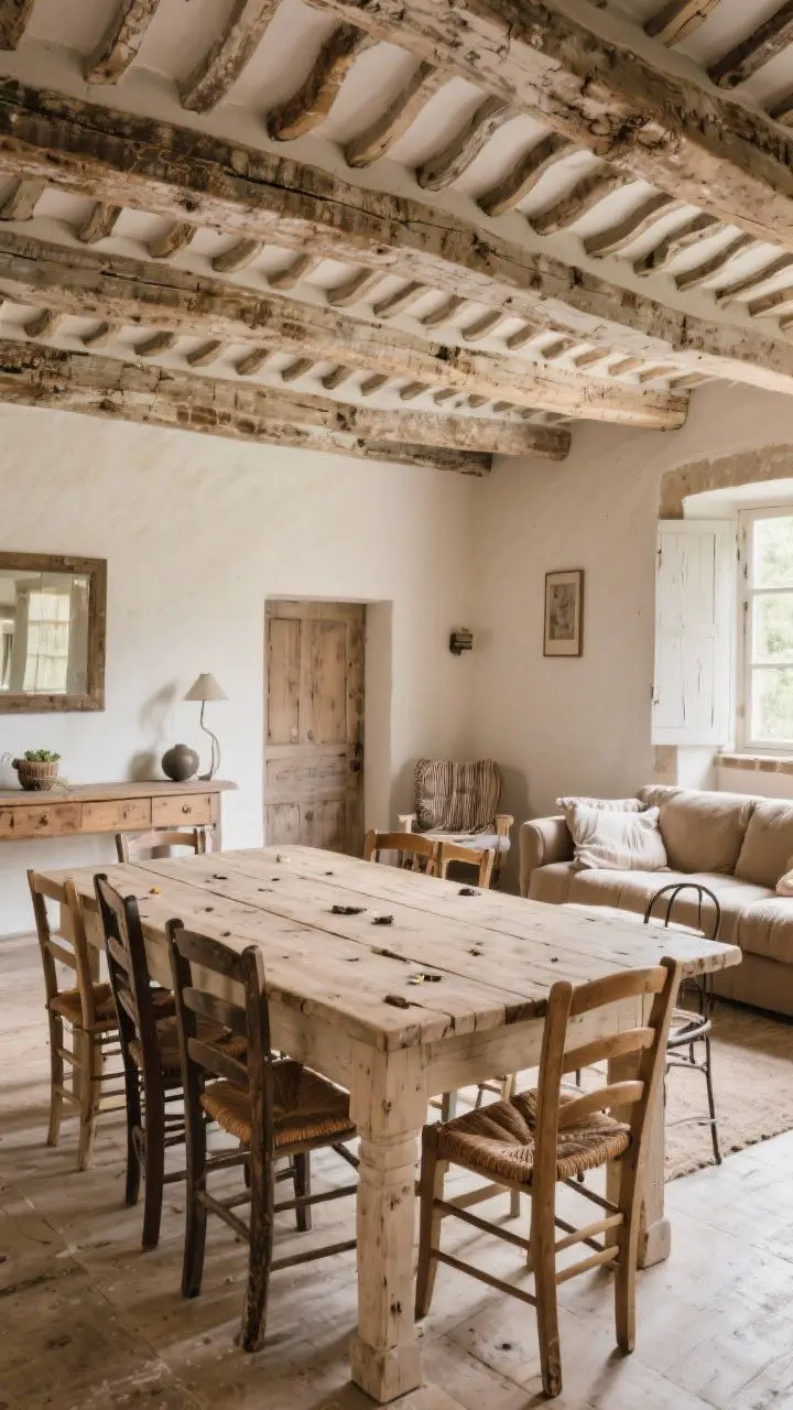 Wide shot of a French cottage living room with timeworn wood: scrubbed pine farm table with knicks and knots, mismatched antique peasant chairs, bleached oak console, exposed wavy ceiling beams with centuries-old patina; matte waxed finishes that reveal visible grain; mixed wood tones throughout; soft natural afternoon light streaming in, highlighting imperfections and texture; no glossy surfaces, relaxed lived-in atmosphere.
