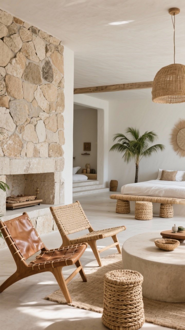 Wide shot of a living-dining space featuring woven furniture and natural fibers: leather-woven lounge chairs near a stone-accent wall, a Tulum-inspired woven bench at the foot of a low bed visible in the background, and palm-wrapped stools at a smooth plaster island; neutral palette, textures emphasized in soft afternoon light.