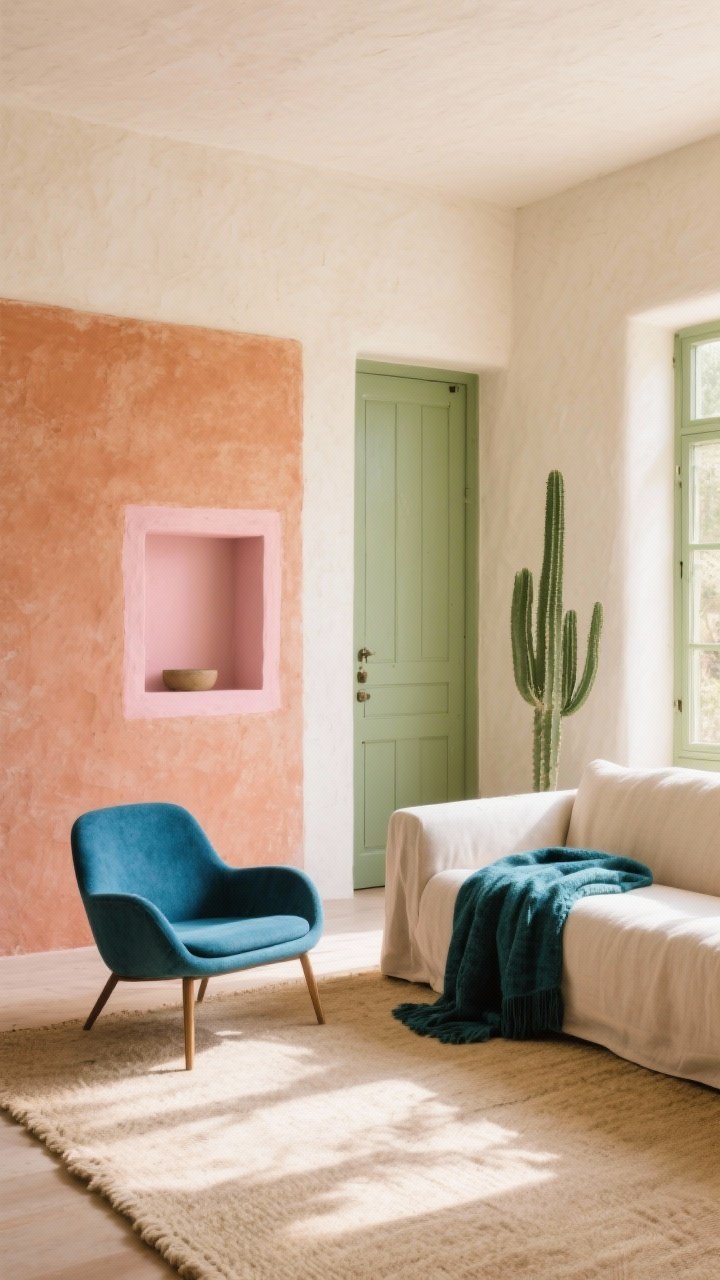Wide shot of a living room anchored by an earthy, sun-washed palette: warm ivory plaster walls, a single pale terracotta feature wall, soft adobe pink accent on a small niche, sage/cactus green painted interior door, and an oxidized deep teal textile throw over a neutral linen sofa; include a single bold oxidized blue lounge chair, sand-colored rug, natural daylight streaming in for a chic, restrained look.