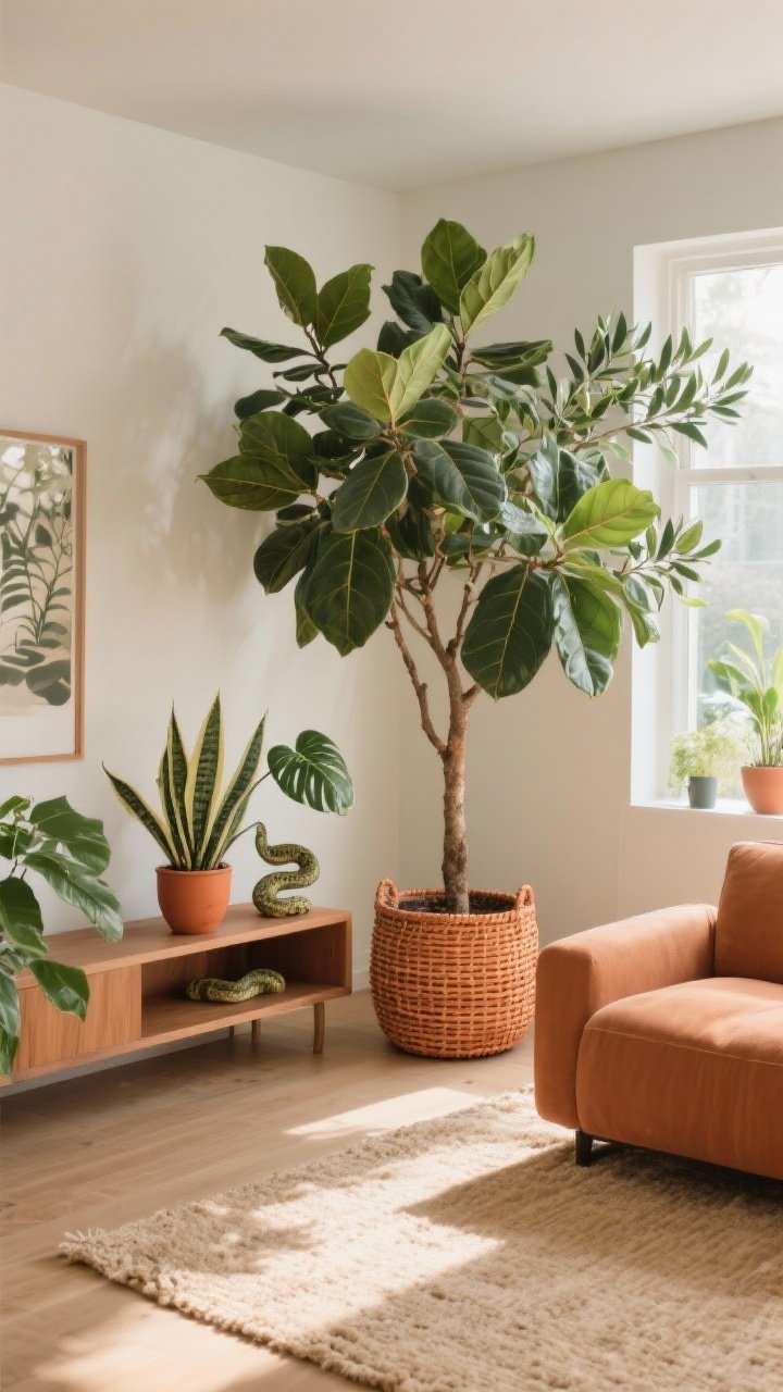 Wide shot of a living room corner with lush but low-maintenance greenery: a rubber tree and an olive tree as statement plants in terracotta and woven basket planters; smaller ZZ plant and snake plant on a low shelf; earthy palette backdrop with sandy rug; bright indirect natural light, photorealistic.