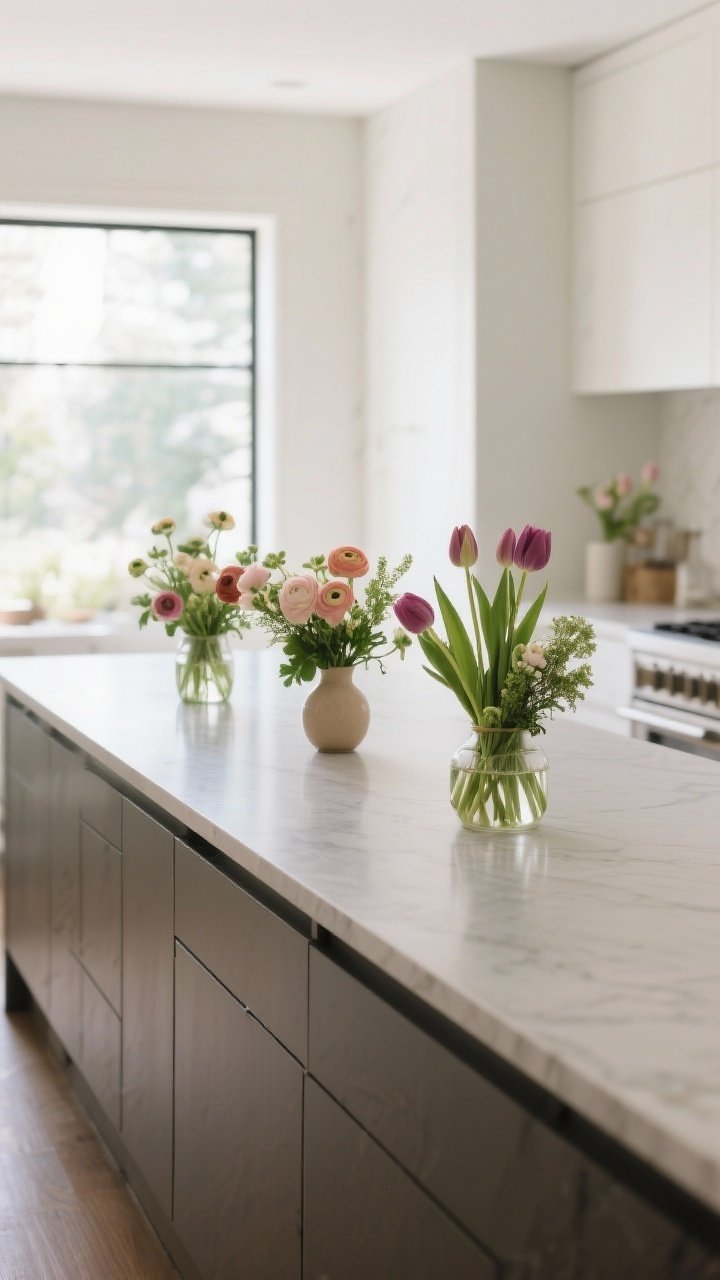 Wide shot of a long kitchen island featuring three low floral arrangements spaced evenly along the centerline. Each arrangement in similar but slightly different small vases; blooms like ranunculus and tulips with filler greens. Eye-level perspective that shows faces wouldn’t be blocked, bright daylight, editorial look with restrained color palette.