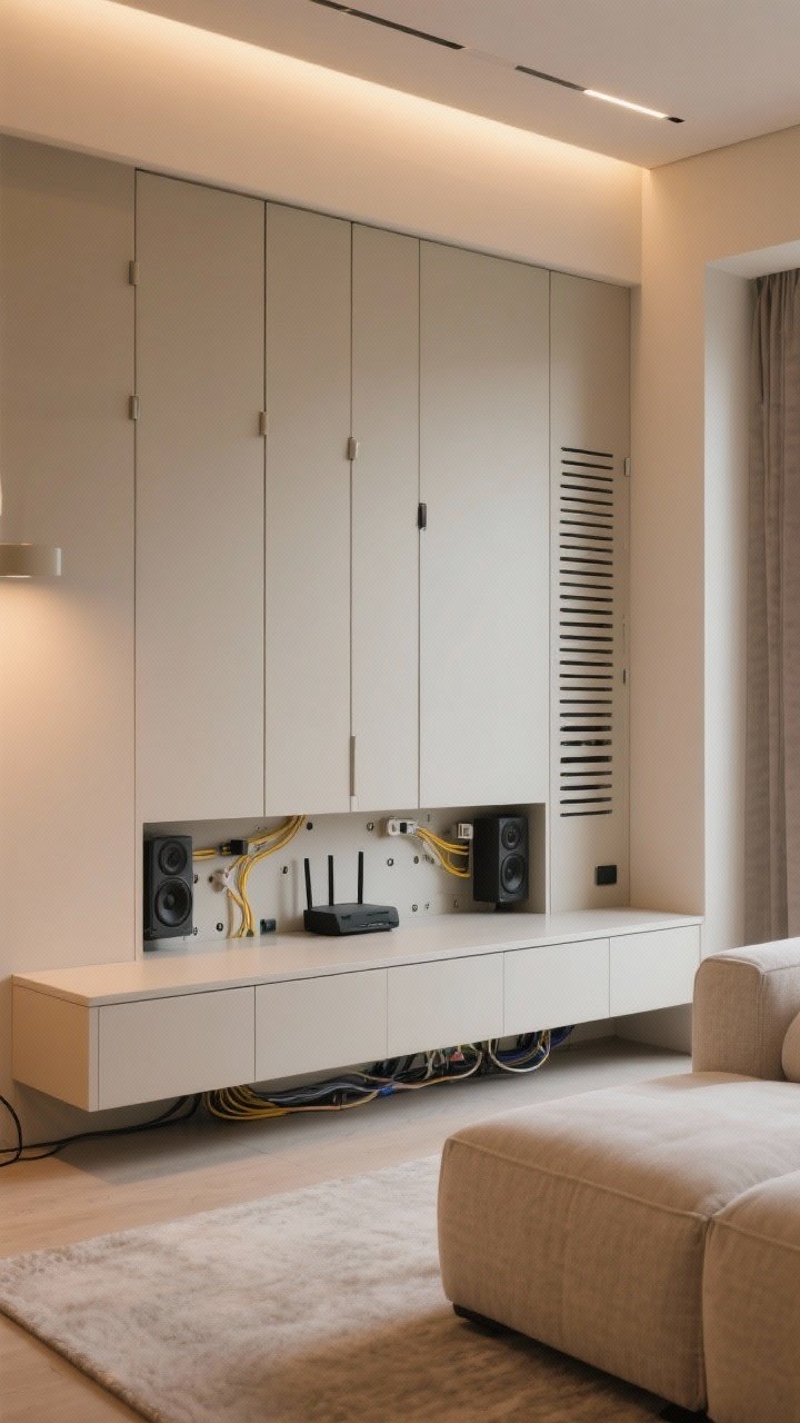 Wide shot of a low, closed console behind the sofa concealing tech: doors closed, but rear view reveals cable sleeves, cord clips, and grommets for wire management; discreet ventilation slots on the back panel. Router and speakers hidden yet accessible. Clean, uncluttered look; soft warm ambient lighting; corner angle showing tidy cable path.