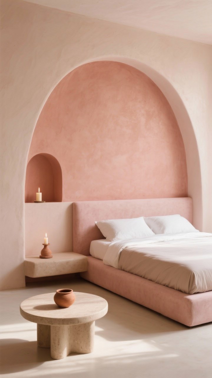 Wide shot of a minimalist bedroom with soft geometry: a painted faux arch behind the bed in muted adobe pink, a curved-edge plaster headboard, rounded wall niche displaying a candle and small clay pot, and a round coffee table at the foot of a low-profile bed; warm afternoon light to highlight gentle curves.