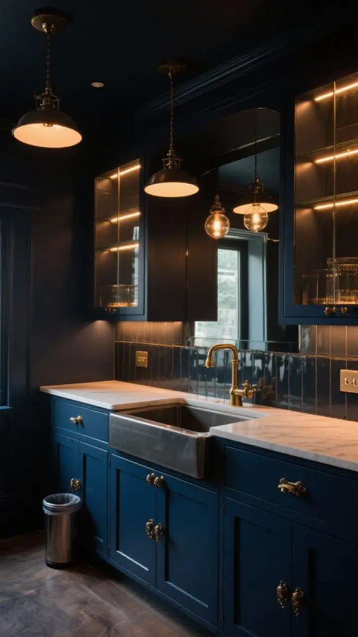 Wide shot of a moody wet bar: deep navy shaker cabinets with antique brass pulls, a small bar sink with pull-out trash nearby, and a smoked mirror backsplash reflecting layered light. Three lighting layers active—pendant lights over the counter, warm LED strip lights inside glass-front uppers for a speakeasy vibe, and dimmers set to a low, dramatic glow. Rich, dark palette, photorealistic.