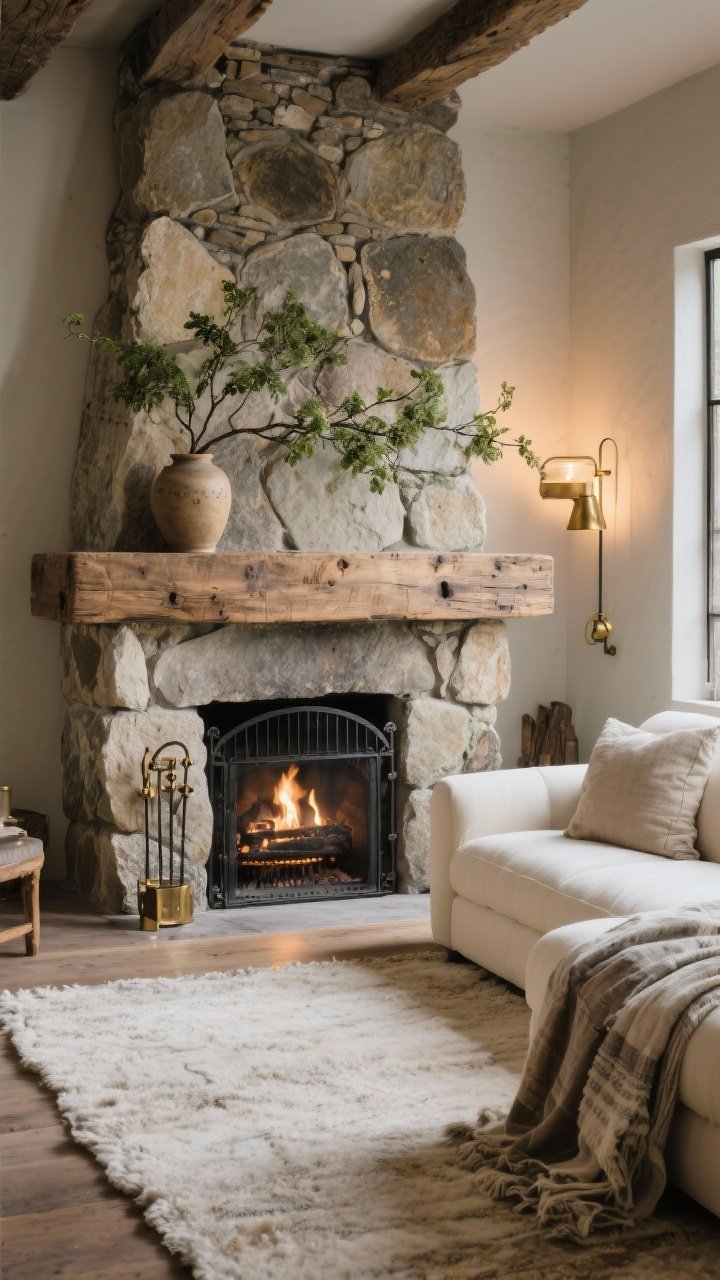 Wide shot of a rustic living room featuring oversized, rugged-edge stones around the fireplace and a thick reclaimed timber mantel with visible grain; balanced with cream upholstery, a pale wool rug, and layered textiles to lighten the palette; greenery branches in a ceramic vase on the mantel; warm metal accents in aged brass and blackened steel (fire screen and hardware); evening ambient lighting with a soft glow; photorealistic, corner angle for depth.