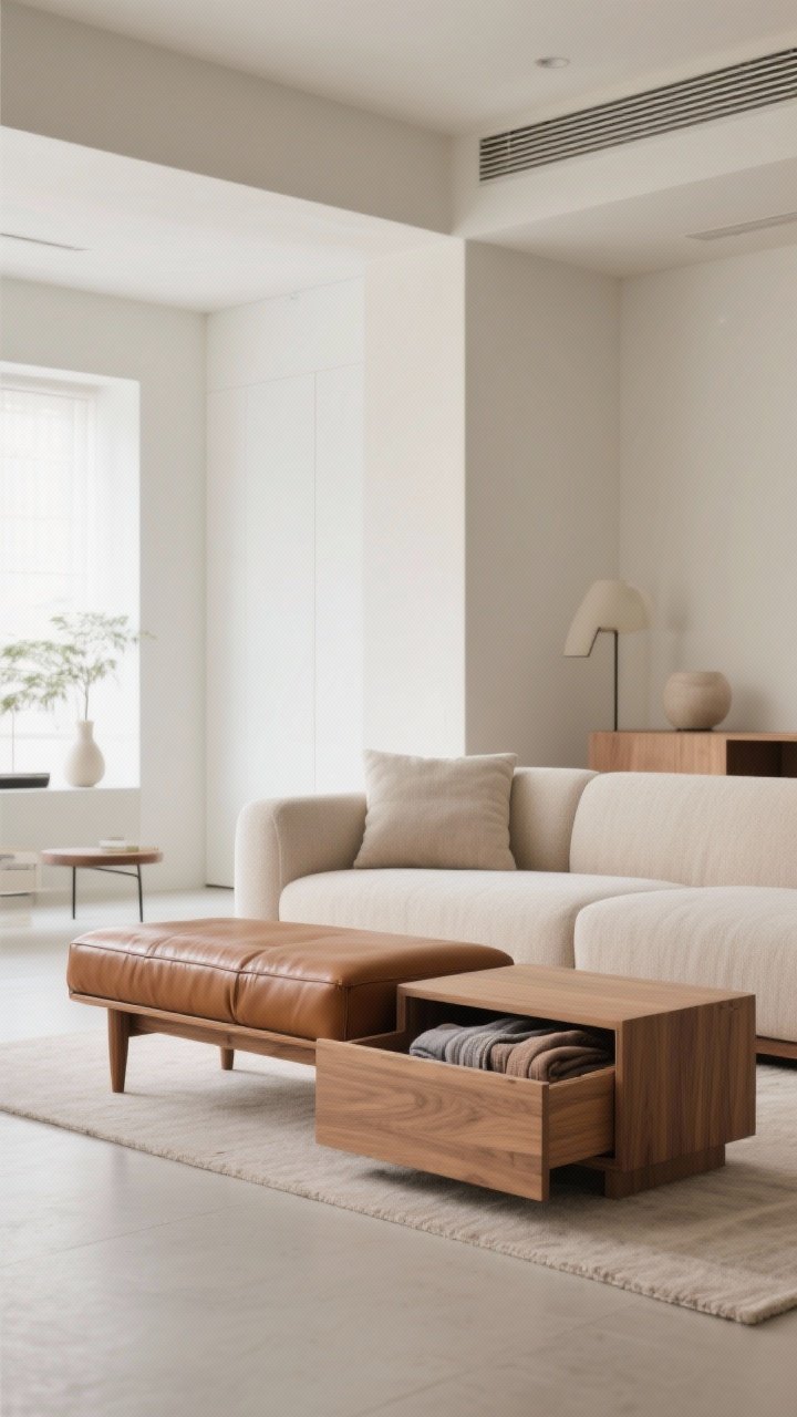 Wide shot of a sleek bench positioned behind a sofa in an open-concept room: one version in caramel leather with wood legs for a modern vibe, another upholstered for softness. Optional storage bench slightly open revealing neatly folded throws. Clean sightlines, airy space, gentle natural light; straight-on composition.