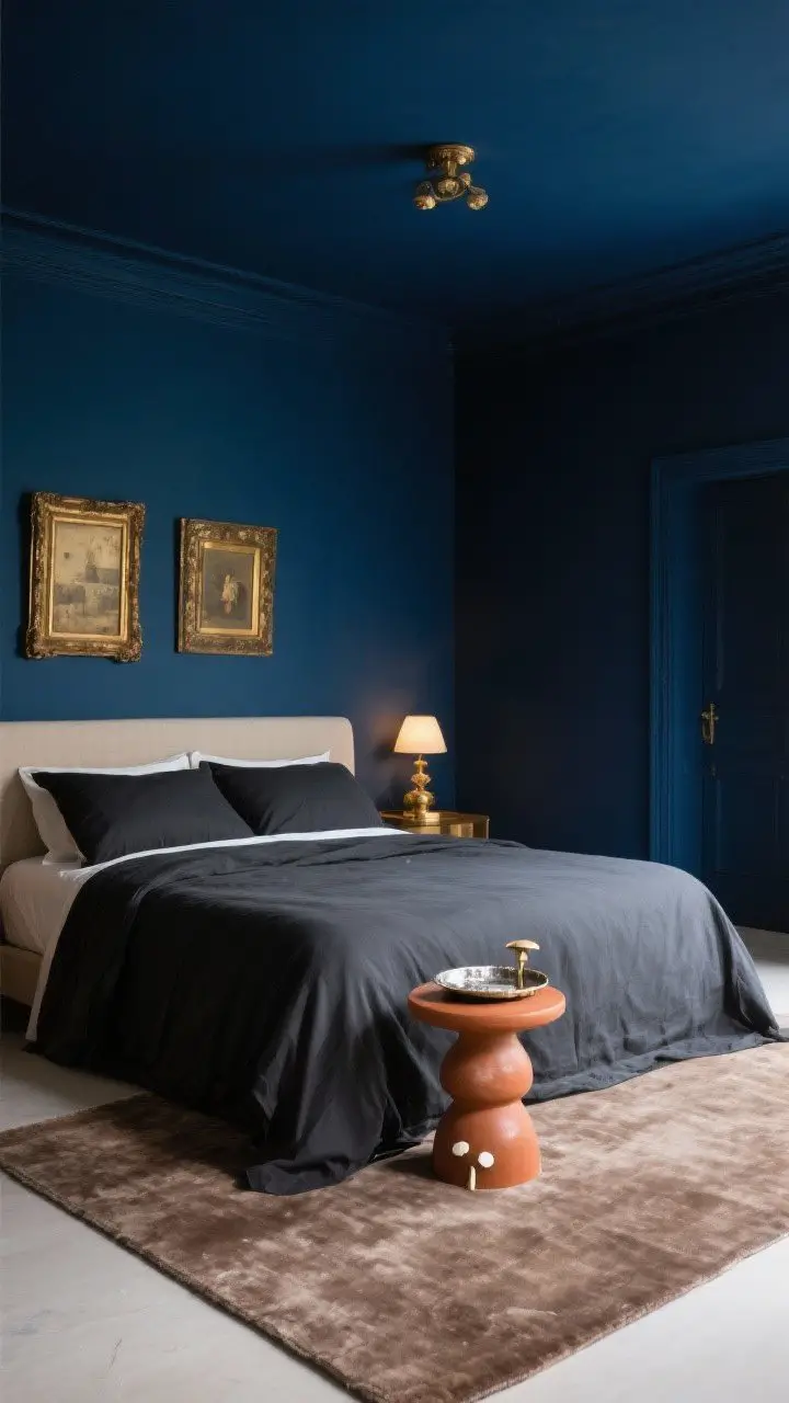 Wide shot of a sophisticated bedroom showcasing a spellbinding color palette: a matte midnight blue accent wall and ceiling, charcoal bed linens, earthy terracotta side table, mushroom taupe area rug, and antique brass accents; include aged gold picture frames and oxidized silver tray on the nightstand; soft, warm ambient lighting to emphasize deep, saturated tones without harsh glare, no people, photorealistic.
