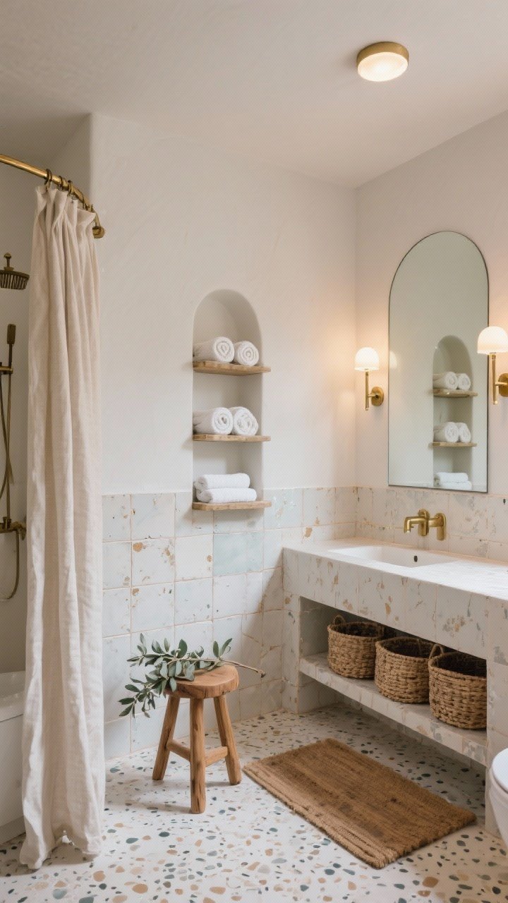 Wide shot of a spa-like bathroom: zellige tile in a soft hue with imperfect glaze, terrazzo floor, consistent brushed brass hardware, niche shelves with neatly rolled towels and woven baskets, a teak stool holding eucalyptus; sconces at eye level flank a mirror, dimmable overhead light creates a calm glow; linen shower curtain and wood bath mat complete the scene; serene, photorealistic, no people.