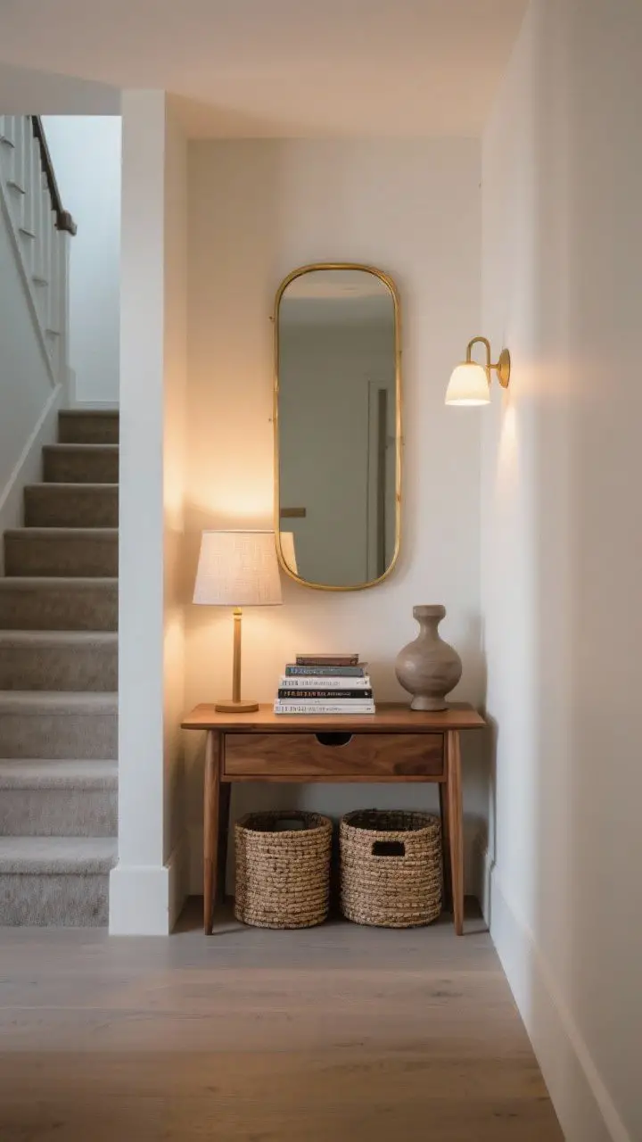 Wide shot of a stair landing with a slim console table (10–12 inch depth) in warm oak, styled with a small linen-shade lamp, a stack of hardcover books, and a sculptural ceramic object. Hidden storage shown as a single slim drawer and two woven baskets beneath. A tall rectangular mirror with thin brass frame hung above to bounce light, warm bulbs on, clean walkway clearance, soft evening glow.