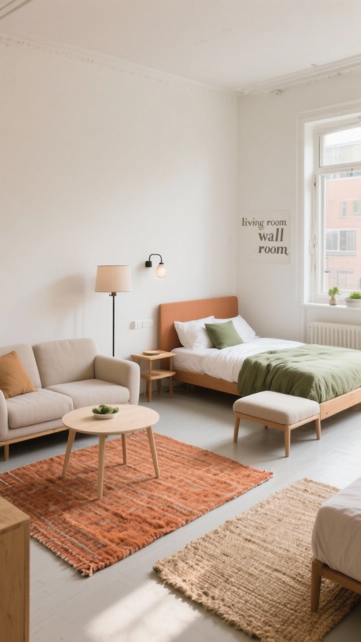 Wide shot of a studio apartment carefully zoned: a plush rug under a small sofa facing away from the bed to create a “living room,” a flatweave rug under a tiny dining table in a corner, and a natural jute rug by a low bed; a floor lamp beside the sofa, a wall sconce by the bed, and furniture placement using the sofa back as a visual “wall”; cohesive palette with soft neutrals, terracotta accents in the living zone and olive accents in the sleeping zone; bright natural daylight, airy open-concept feel, no people.