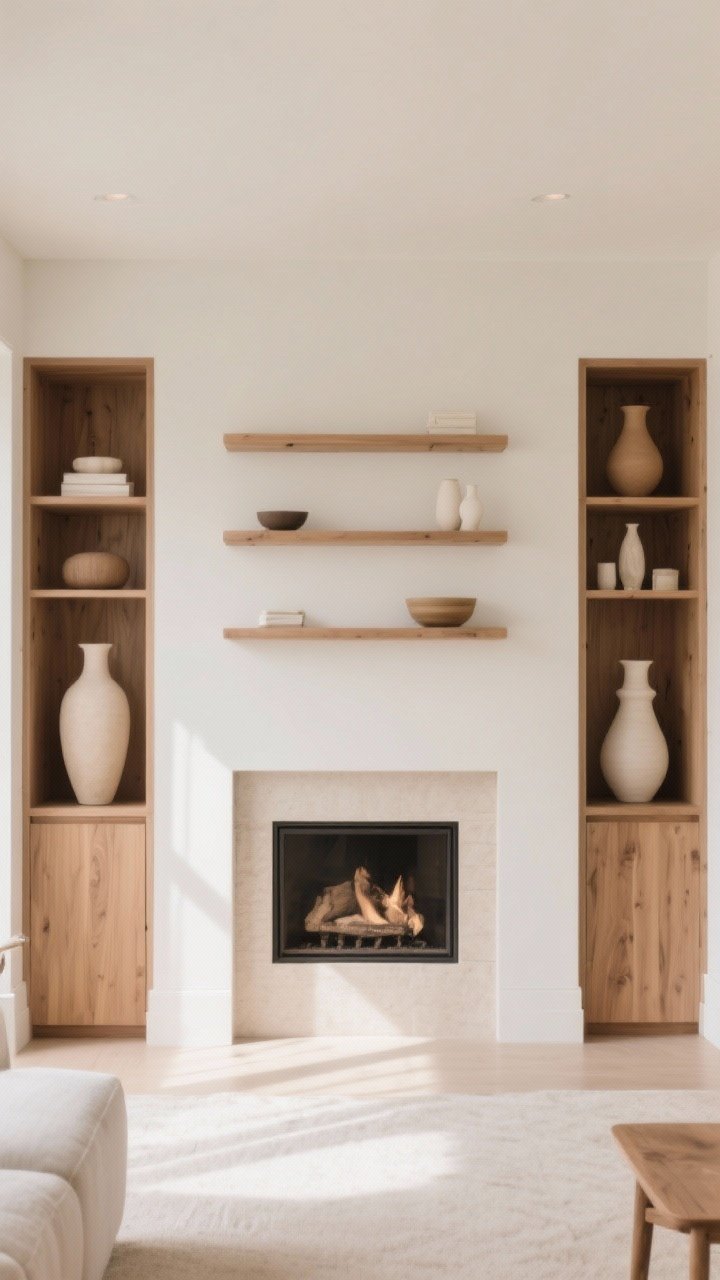 Wide shot of a symmetrical-but-not-identical pair of built-ins flanking a fireplace: taller items (matching scale, different forms) at the outer edges to anchor, similar vase heights mirrored loosely, center shelves simplified with fewer objects. Palette of soft neutrals and warm woods. Balanced daylight, relaxed cohesion without exact mirroring.