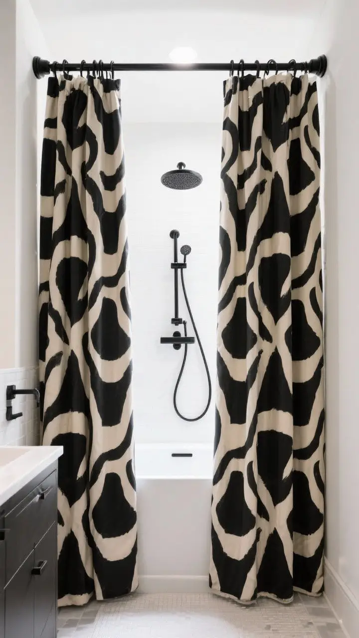 Wide shot of a tub-shower alcove with a bold graphic shower curtain in high-contrast black-and-ivory pattern; double curtains hung on an extra-tall rod to elongate the ceiling; matte black metal rings replace plastic; crisp, hotel-inspired presentation with bright, even lighting.