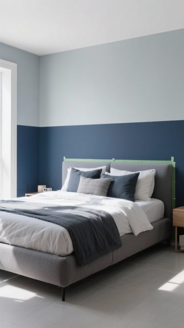 Wide shot of a two-tone painted wall split horizontally: darker navy on the bottom, pale gray on top; a razor-sharp divide aligned with the headboard height, created with frog tape technique; modern bed with layered pillows framed by the color break; bright daylight for crisp contrast; clean floor and minimal accessories.