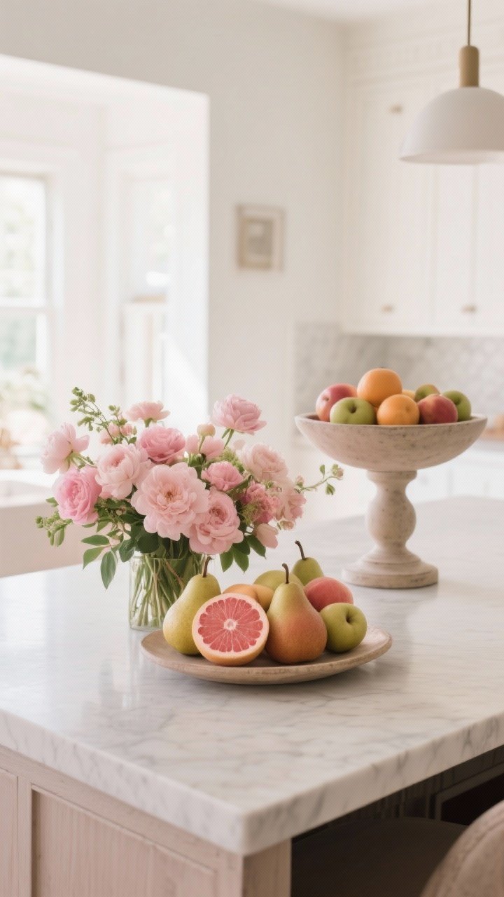 Wide shot of an elevated fruit and flower combination centerpiece on the island: a low floral arrangement beside a pedestal fruit bowl. Use echoing colors (e.g., blush flowers with blushing pears or pink grapefruit). Keep one grounded (flowers low) and the other elevated (pedestal bowl). Cohesive palette limited to two or three colors, balanced composition, soft natural daylight.