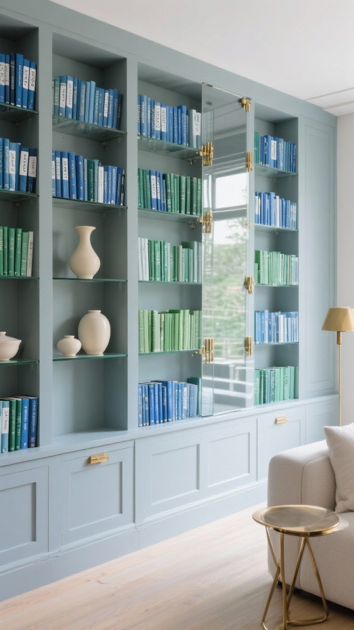 Wide shot of an open-plan living room wall of built-ins styled monochrome: a cohesive palette of blues and greens with glass and brass accents. Neutral painted shelves, rows of blue/green spines (some wrapped in white paper with tidy hand-labeled spines), cream ceramics, one contrasting pop color used sparingly. Calm, curated mood with even daylight and gentle reflections on glass.