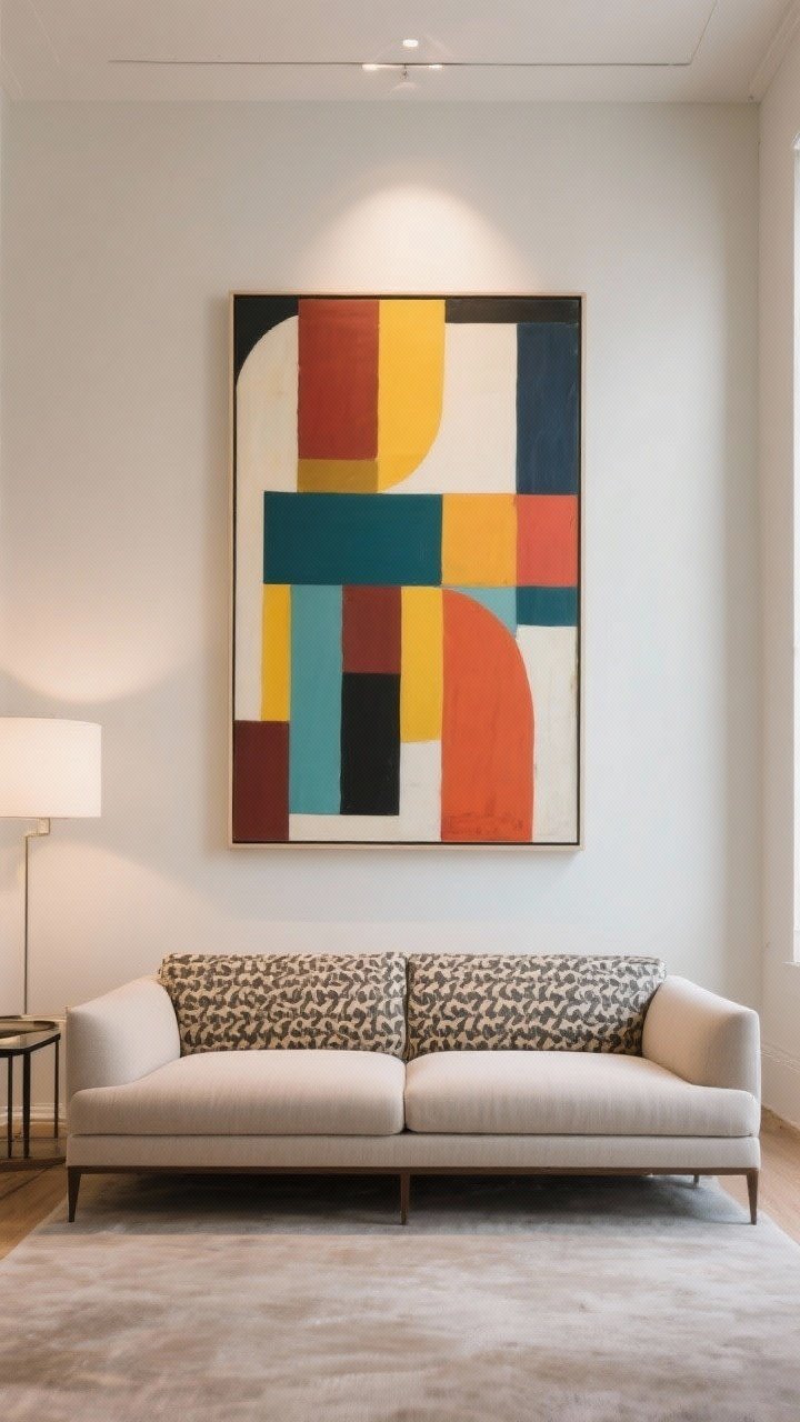 Wide shot of an oversized artwork centered behind the couch: width about two-thirds of the sofa, hung with the center at 57–60 inches from floor. If sofa is neutral, artwork is bold and colorful; if sofa patterned, art is minimal and graphic. Clean wall, balanced composition; museum-like lighting with soft wall wash; straight-on.