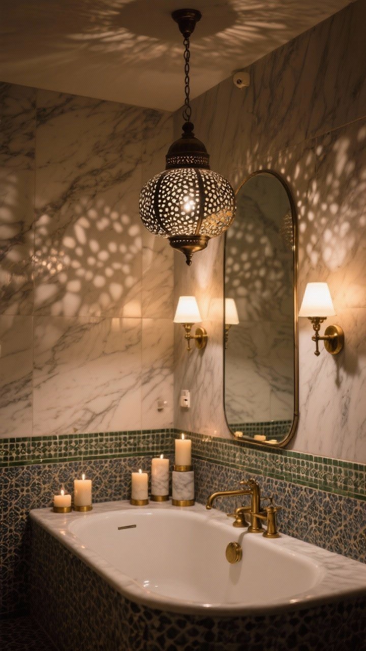 Wide shot of atmospheric Turkish-hammam-inspired lighting: pierced metal pendant lantern casting patterned shadows across marble and tile, wall sconces flanking the mirror providing even, soft illumination, and candles in brass and marble holders arranged near a tub; dimmer-set warm lighting, moody and calming, no overhead glare.