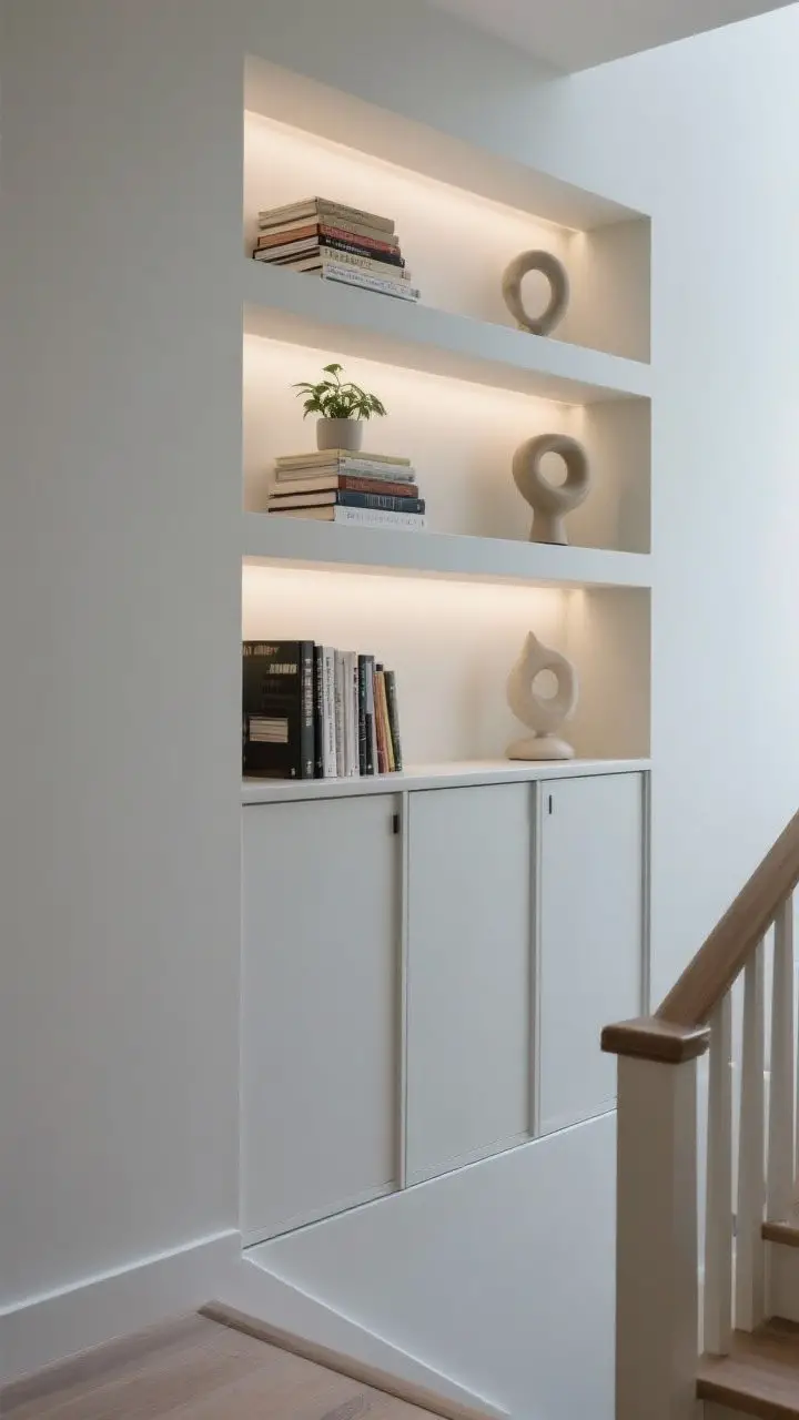 Wide shot of built-in shelves recessed along a landing wall, painted the same color as the walls for a seamless look. Shallow depth (8–10 inches), upper open shelves styled in thirds: stacks of books, a small plant, and a sculptural object repeating across. Lower section with closed-door cabinets for hidden storage. Soft, indirect lighting emphasizing clean lines.